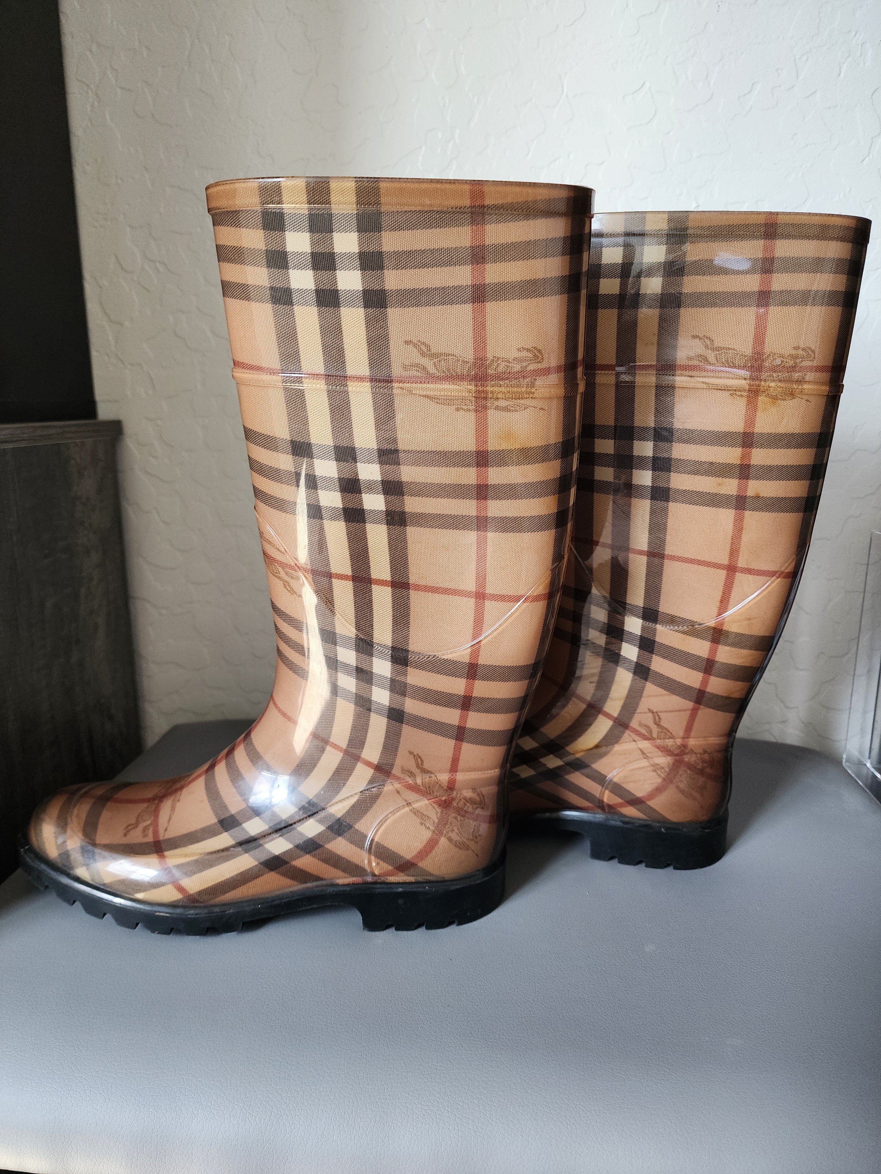 Burberry Beige Plaid Glossy Knee-High Rain Boots